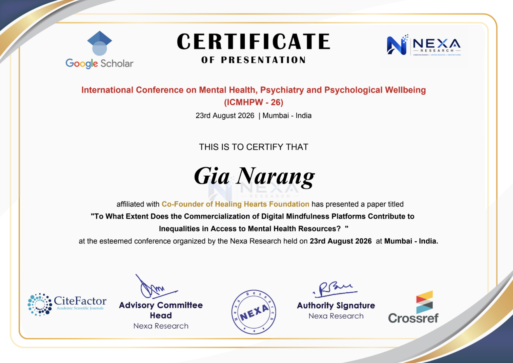 Certificate of Presentation awarded to Gia Narang at ICMHPW-26