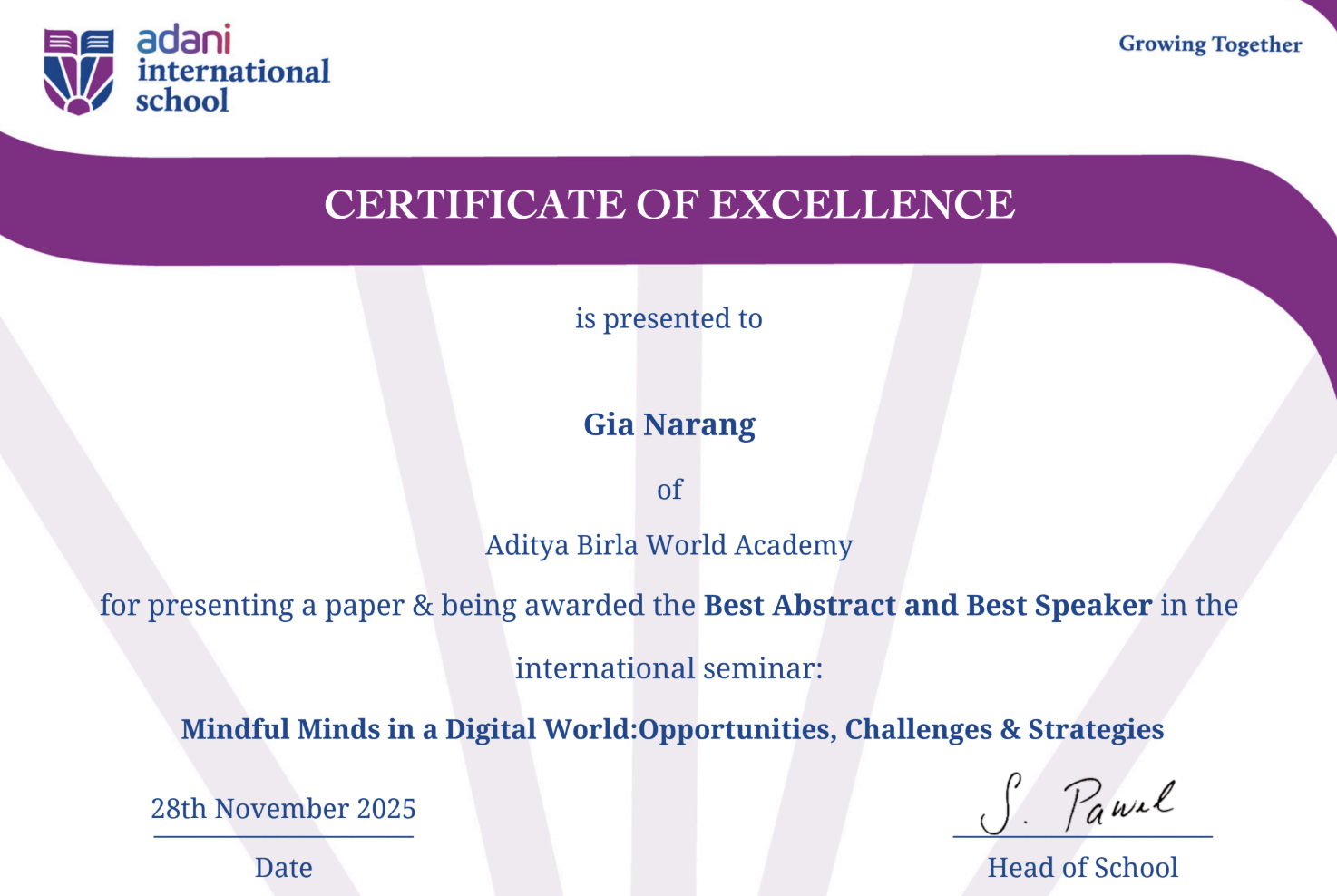 Certificate of Excellence awarded to Gia Narang