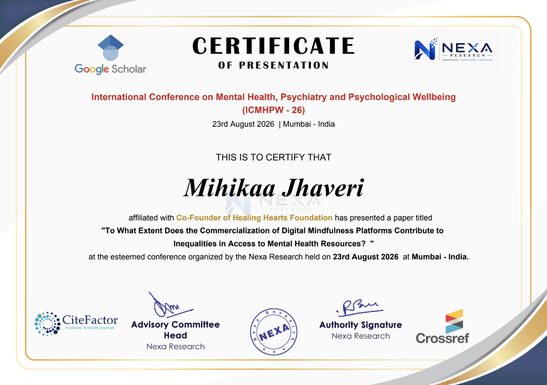 Certificate of Presentation awarded to Mihikaa Jhaveri at ICMHPW-26