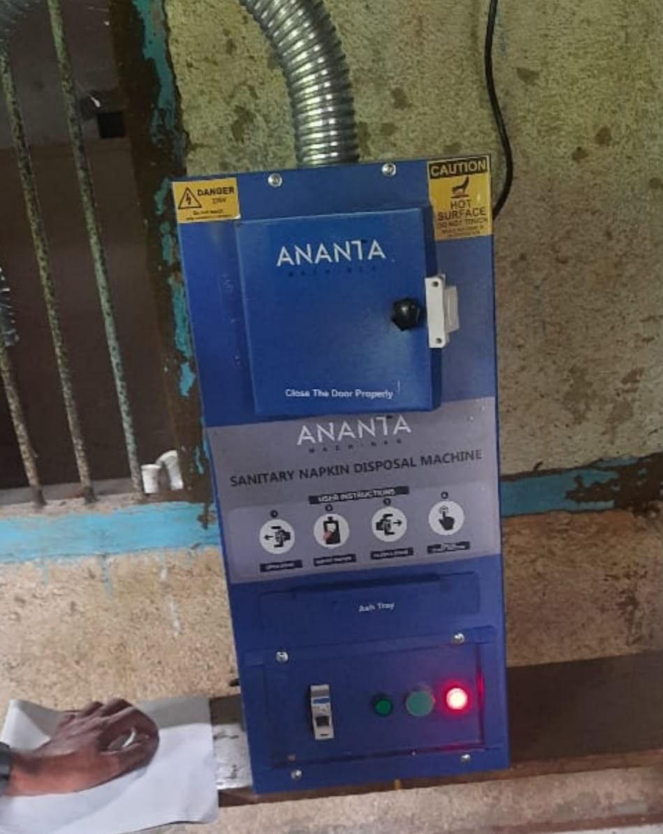 The newly donated Ananta sanitary napkin disposal machine installed at Jagruti High School, Nadsur.