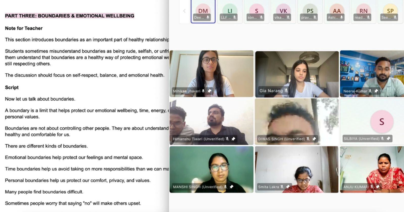 Teacher training curriculum module on boundaries and emotional wellbeing shown alongside an online session